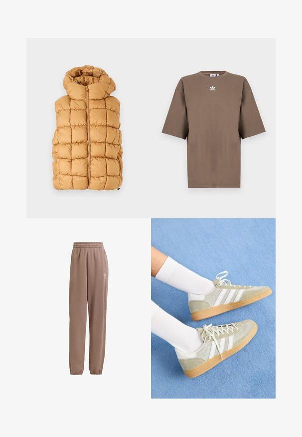 Dzeltenā pūkainā vestē ar kvadrātveida izšuvumu, augsto apkakli un priekšējo rāvējslēdzēju. Strukturēta auduma.; Brūna kokvilnas T-krekls īsām piedurknēm, apaļa kakla izgriezums, ar baltu Adidas logo centrā krūtīs, ar vienkāršu dizainu un brīvu piegriezumu.; Brūni sporta bikses, kas izgatavotas no mīksta auduma, ar elastīgu jostasvietu, sānu kabatām un elastīgiem aprocēm, ar balto logo akcentu.; Gai pelēki zamšāda sporta apavi ar baltām gumijas detaļām, ar trim baltām svītrām un gumijas zoli, valkāti ar baltām zeķēm uz zila fona.