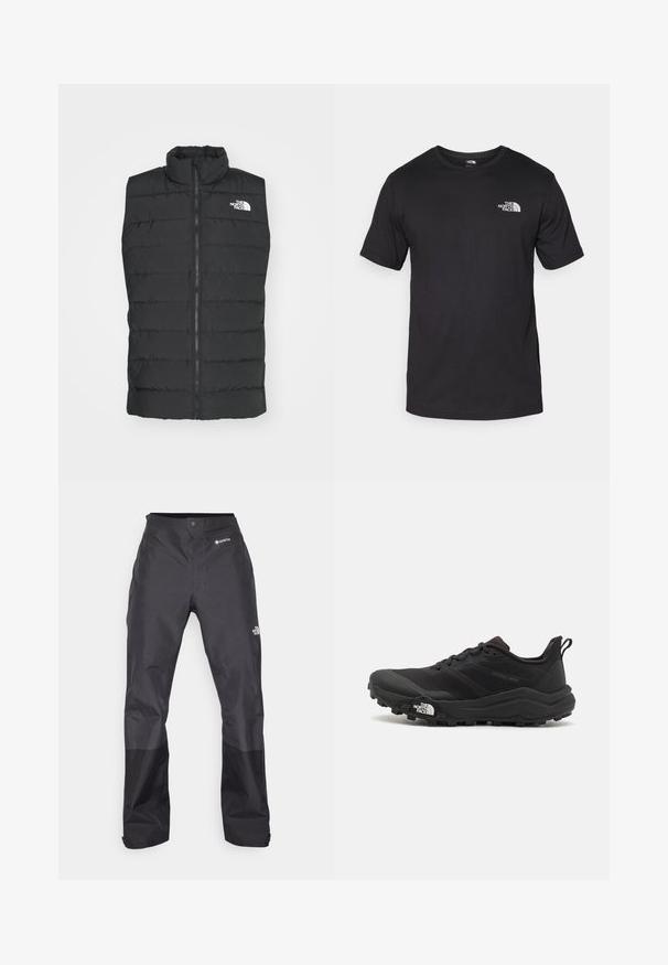 Crni podstavljeni prsluk s visokim okovratnikom, zatvaranje na rasporak, kviltani dizajn i potpisani logo na prsima, koji prikazuje glatku, mat teksturu.; Crna majica kratkih rukava od pamuka, s okruglim izrezom i malim bijelim logotipom na gornjem lijevom dijelu prsnog koša.; Crne vodootporne hlače s glatkom teksturom, s GORE-TEX logotipom sprijeda i ojačanim donjim dijelovima nogavica za izdržljivost.; Crne trail trkačke cipele s teksturiranim gornjim dijelom, gumeni potplat i ojačana zaštita za prste. Imaju podstavljen ovratnik i trakicu za lakše obuvanje.