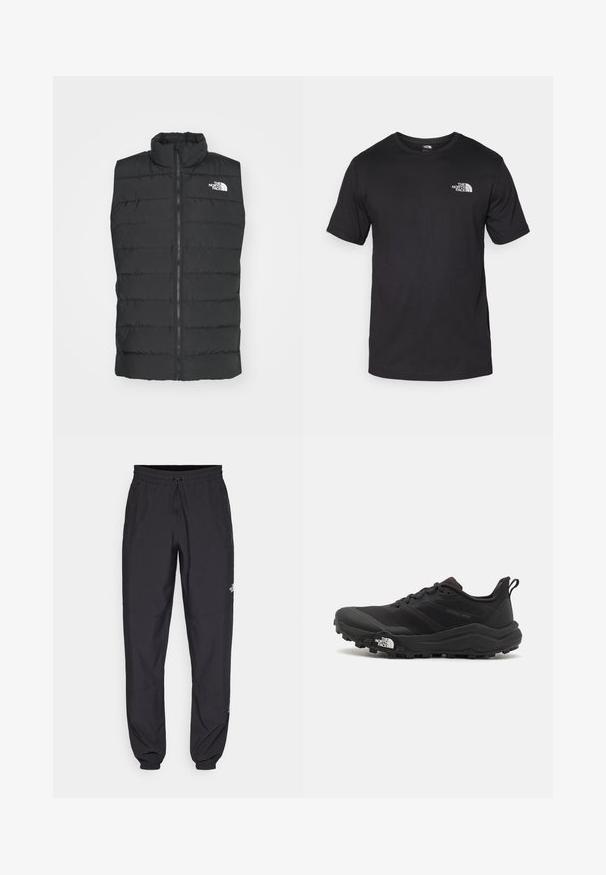 Crni podstavljeni prsluk s visokim okovratnikom, zatvaranje na rasporak, kviltani dizajn i potpisani logo na prsima, koji prikazuje glatku, mat teksturu.; Crna majica kratkih rukava od pamuka, s okruglim izrezom i malim bijelim logotipom na gornjem lijevom dijelu prsnog koša.; Crne sportske hlače od lagane tkanine, s pojasom na vezanje, bočnim džepovima i suženim manžetama na gležnjevima.; Crne trail trkačke cipele s teksturiranim gornjim dijelom, gumeni potplat i ojačana zaštita za prste. Imaju podstavljen ovratnik i trakicu za lakše obuvanje.