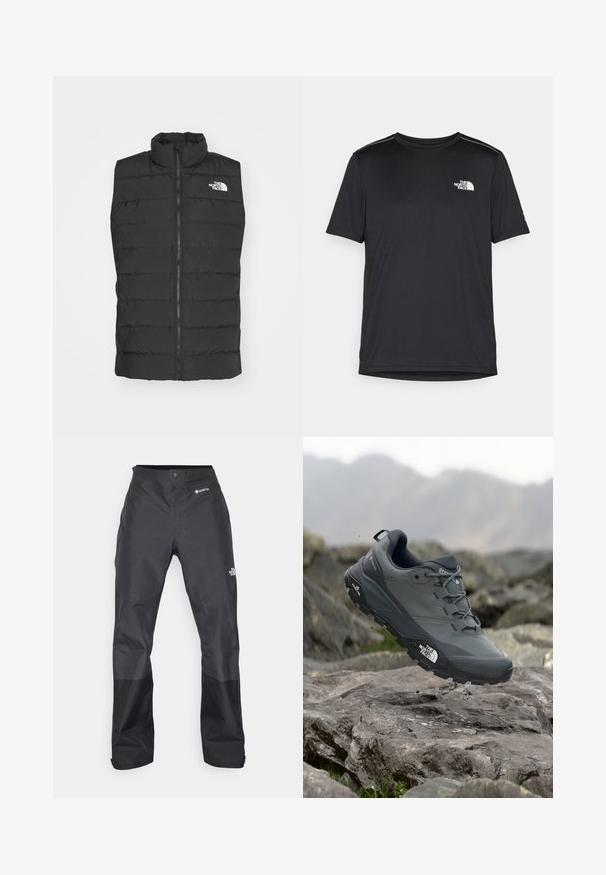 Melns pufīgs žakets ar augstu apkakli, rāvējslēdzēja aizdari, izšūtu dizainu un paraksta emblēmu uz krūtīm, parādot gludu, matētu tekstūru.; Melnas īsām piedurknēm T-kreklas, izgatavots no viegla auduma. Uz kreisā krūtīm ir neliels balts logo un smalki plecu akcenti.; Melni ūdensnecaurlaidīgi bikses ar gludu tekstūru, ar GORE-TEX logo priekšpusē un pastiprinātiem apakšējiem matiņiem izturībai.; Pelēki skrējēju apavi ar teksturētu virsu, izturīgu gumijas zoli un pastiprinātu pirkstu daļu. Iekļauj šņores un zīmola logo sānos.