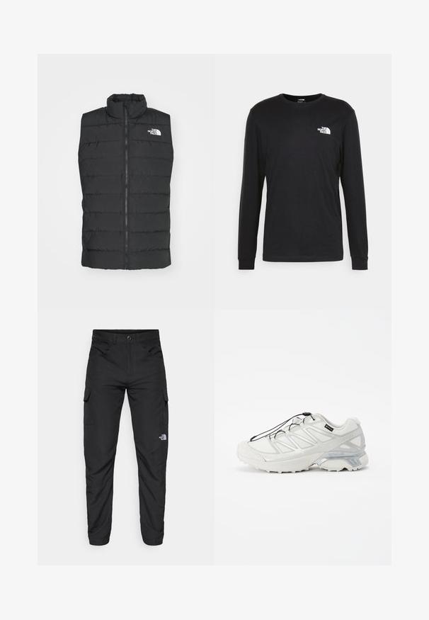Gilet imbottito nero con colletto alto, chiusura a zip, design trapuntato e logo distintivo sul petto, che mostra una texture liscia e opaca.; T-shirt a maniche lunghe nera in cotone, con un logo bianco sul lato sinistro del petto e polsini a costine. Texture liscia con scollatura a girocollo.; The North Face HORIZON PANT - Pantaloni outdoor - black; Scarpa sportiva bianca con tomaia in rete testurizzata, dettagli riflettenti e suola ammortizzata. Presenta lacci elastici e dettagli grigi.