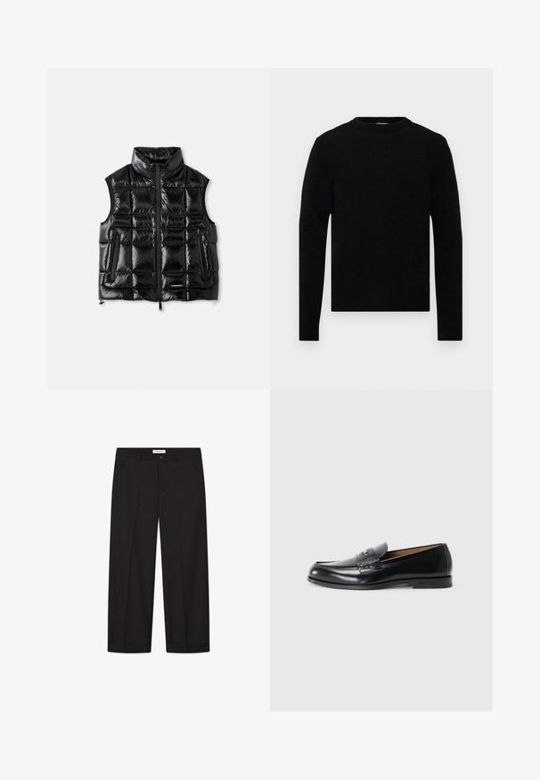 Fekete puffermellény, álkereszt nyakkal, cipzáros elülső résszel és steppelt textúrával. Két oldalsó zsebe van, valamint egy címke az alsó elülső részen.; Filippa K SWEATER - Pulóver - black; Fekete, bő lábú nadrág sima anyagból. Gombbal és cipzárral záródik, két elülső zsebbel és éles szegéllyel rendelkezik.; Fekete bőr loaferek sima felülettel, kerek orral, díszítő varrással és kis fém akcentussal az elején.