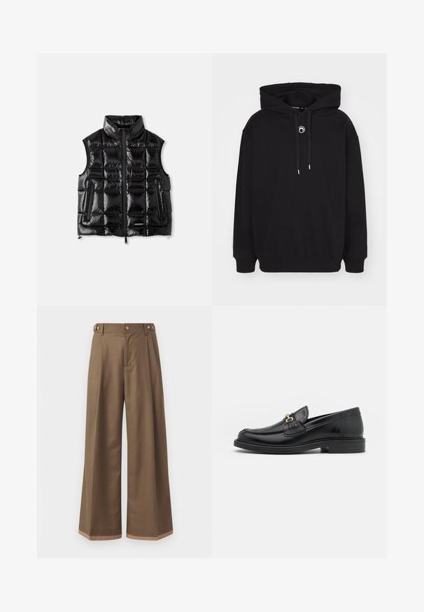 Juodas pūkų liemenė su aukštu kaklu, užtrauktuku priekyje ir siuvinėtu paviršiumi. Yra dvi šoninės kišenės ir etikėtė apatinėje priekyje.; Juodas megztinis su gobtuvu, su priekine virvele, gurgždančiomis apykaklėmis ir hemline, ir mažai apvalia siuvinėta detale ant krūtinės.; Plati kelnės tamsiai rudos spalvos audinys, su dviem šoninėmis kišenėmis, dviem dekoratyviniais priekinias mygtukais ir kontrastingu apdaila apačioje.; Juodos odinės loafer tipo bateliai su apvaliuku, su auksinėmis detalėmis ir siuvinėjimo akcentais, įrengti ant žemos, tekstūruotos gumos pado.