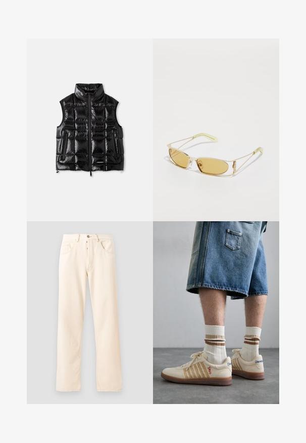 Zwarte puffer vest met een opstaande kraag, rits aan de voorkant en een geborduurde textuur. Beschikt over twee zijzakken en een label op de onderkant van de voorkant.; Grijze katoenen t-shirt met een kleine borduurmotief van een oranje voskop boven de linkerkant van de borst. Ronde hals, korte mouwen en een klassieke pasvorm.; Lichtbeige denim jeans met een rechte pijp, vijf zakken en een sluiting met een knoop aan de voorkant. Stiksel zichtbaar langs de naden.; Beige retro sneakers met een bruine rubberen zool, met gestreepte accenten en geborduurde logo's. Draag ze met witte sokken met gestreepte bruine details.; Geel getinte zonnebril met een doorzichtig gouden montuur, slank rechthoekig ontwerp en hoekige armen met lichtgroene accenten.