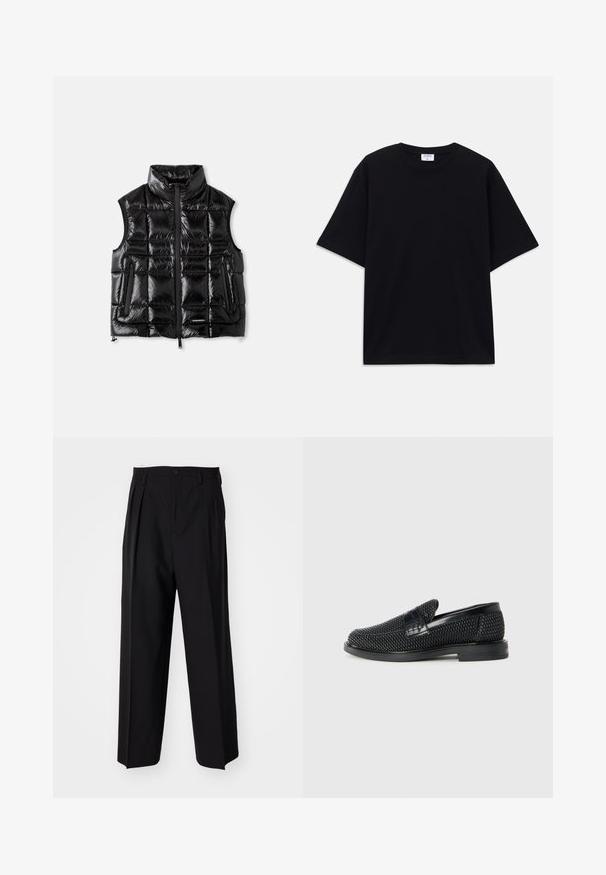 Čierny páperový vest s golierom, zapínaním na zips a prešívanou textúrou. Obsahuje dve bočné vrecká a štítok na dolnej prednej strane.; Čierne nadrozmerné tričko s krátkym rukávom a okrúhlym výstrihom, s viditeľnou značkovou etikou Filippa K vo vnútri goliera.; Čierne skladané nohavice s rovnom, širokým strihom. Vyrobené z hladkého materiálu, s gombíkovým zapínaním a pútkami na opasok.; Čierne tkané slip-on topánky s hladkým koženým akcentom na vrchnej časti, s okrúlym dizajnom špičky a nízkoprofilovou gumovou podrážkou.