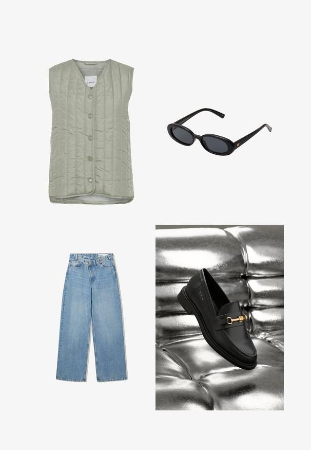 Kvältad ärmlös väst i ljusgrön, med V-ringning, sexknappars stängning och en slät yta med subtila sömmönster.; En enkel vit långärmad skjorta med rund hals, visad bakifrån, liggande platt på en vit bakgrund.; Ljusblå vida jeans i denim, med hög midja, fem fickor, knappstängning och subtil blekning för textur.; Svart läderloafer med detaljer i guldfärg. Skon har en slank design och en jämn, blank yta.; Svarta överdimensionerade solglasögon med ovala linser, slät plastbåge och guldaccent på bågarna. Mörka linser ger solskydd.