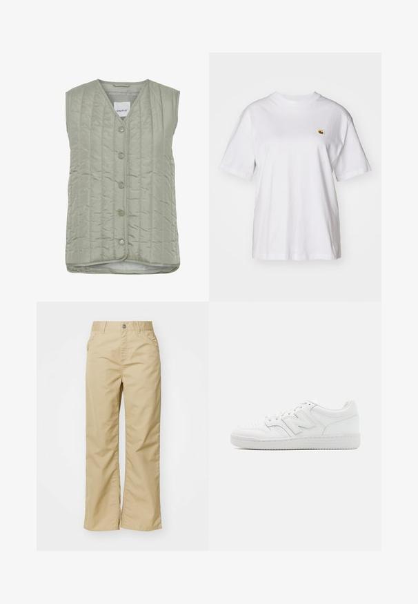 Viegli zaļa, ar polsterējumu un bez piedurknēm, ar V veida izgriezumu, sešiem pogu aizdari un gludu tekstūru ar smalkām šuvju rakstām.; Balta kokvilnas T-kreklā ar brīvu piegriezumu, īsām piedurknēm un mazu izšūtu logotipu kreisajā krūtīs.; Beigu kokvilnas platā kāju bikses ar gludu tekstūru, ar priekšējām kabatām un sudraba pogu pie jostas.; Balti sporta apavi, izgatavoti no gludas ādas, ar perforētu purngalu, struktūrētu gumijas zoli, plakaniem auklām un izteiktu 'N' logotipu sānos.