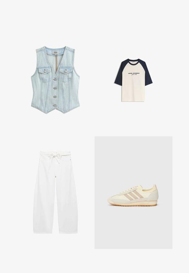 Ljust blå denimväst med V-hals, fem knappar framtill, två bröstfickor och vertikal sömdekoration. Slät textur. Ingen ärm.; T-shirt med raglanärm i krämfärg med mörkblå ärmar, prydd med texten "ANGEL NUMBERS 912-412" tryckt på framsidan i svart. Material av bomullsblandning.; Vita vida-byxor i lätt tyg, med dragsko i midjan, två framfickor och enkla metallaccent.; Krämfärgade atletiska sneakers med tre beige ränder, i mocka och textilmaterial, med en texturerad sula och präglad logotyp på hälen.