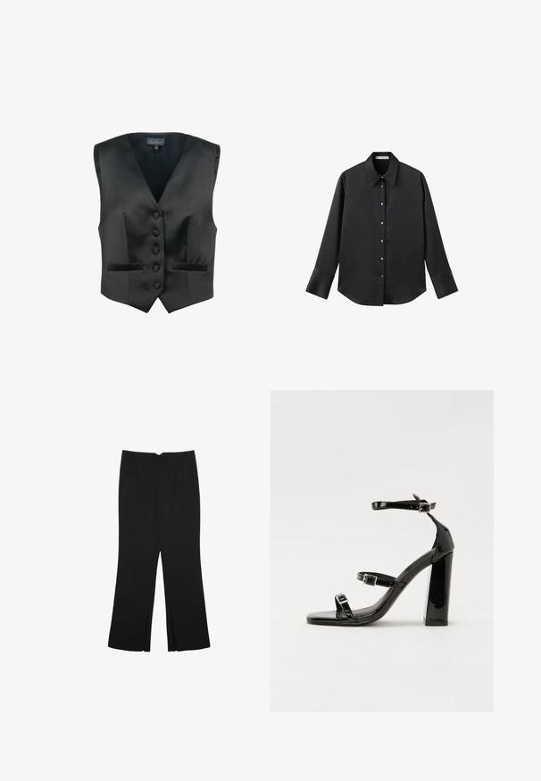 Luisa Spagnoli SCOLARO - Väst - nero; Svart långärmad skjorta i mjukt tyg, med klassisk krage, framknäppning med knappar i guldton och breda manschetter.; Svarta byxor med rak passform, utrustade med framfickor och sidoklyvningar vid fållen. Tillverkade av mjukt, slätt tyg. Lämpliga för olika tillfällen.; Svarta lackerade klacksandaler med fyrkantig tå, ankelremmar och silverfärgade spännen. Har en kraftig blockklack för stabilitet.