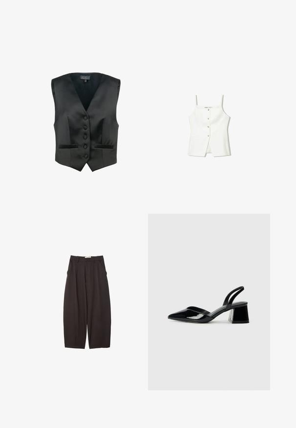 Luisa Spagnoli SCOLARO - Brezrokavnik - nero; Bela brezrokavna majica z gumbi spredaj, stranskimi žepi in prilegajočim se krojem z rahlo razširjenim robom. Gladka tekstura, minimalno okrašena.; Črne široke hlače iz gladkega materiala, z visokim pasom, zgornjimi pregibi in stranskimi žepi. Preprost dizajn brez okrasnih elementov.; Črne lakirane slingback pete s koničastim nosom in geometrijsko blokasto peto. Imajo eleganten, minimalističen dizajn in gladko teksturo.