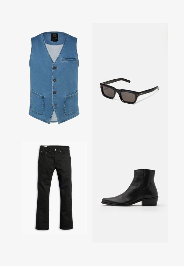 Chaleco de mezclilla en azul claro con cuello en V, cinco botones, un bolsillo en el pecho izquierdo y dos bolsillos delanteros. Presenta detalles de costura visibles.; Sudadera de manga larga color beige con cuello redondo, hecha de material suave, con puños y dobladillo acanalados, de textura lisa y diseño minimalista.; Jeans de mezclilla negra con un diseño de pierna recta, cinco bolsillos, cierre de botón de metal y detalles de costura sutiles. Textura suave y color sólido.; Botín negro de cuero hasta el tobillo con puntera afilada, detalles de costura mínimos, tacón de bloque de altura media y un acabado suave y pulido.; Gafas de sol rectangulares negras con lentes oscuros, marco de plástico grueso, acentos dorados en las patillas y logotipo de la marca grabado en el brazo.