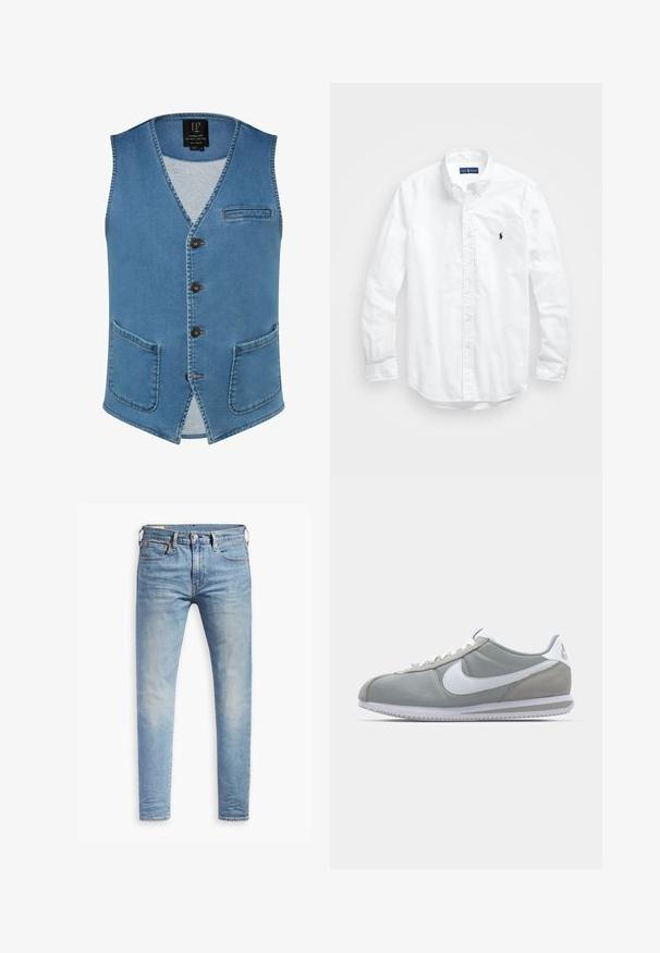 Denimweste in hellblau mit V-Ausschnitt, fünf Knöpfen, einer linken Brusttasche und zwei vorderen Taschen. Merkmale sichtbare Steppnähte.; Weißes Langarm-Hemd aus Baumwolle mit Knopfleiste. Es zeichnet sich durch einen klassischen Kragen, Knopfmanschetten und ein kleines, navyblaues gesticktes Logo auf der Brust aus.; Schwarzes Baumwoll-T-Shirt mit lockerem Schnitt, vorne mit großem tonalem "ALLSAINTS"-Design und dem Schriftzug "LONDON". Kurzärmlig, rundhals.; Hellblaue Slim-Fit-Jeans mit leichtem Verblassen an den Oberschenkeln, vorderem Knopfverschluss, Gürtelschlaufen und Fünf-Taschen-Stil auf einem weißen Hintergrund.; Graue Sportausstattung mit einem Obermaterial aus Wildleder und Textil, weißem Nike-Swoosh und weißen Schnürsenkeln. Verfügt über eine strukturierte Gummisohle und einen gepolsterten Kragen.