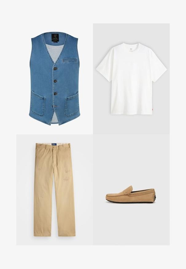 Jeansväst i ljusblått med V-ringning, fem knappar, en ficka på vänster bröst och två framfickor. Har synliga sömnadsdetaljer.; Vit kortärmad t-shirt i bomull med rund halsringning. Har en subtil präglad logotypdetalj framtill och en röd etikett vid fållen.; Beige bomullbyxor med rak passform. Har slitna lappar och broderade detaljer fram. Klassisk knapp- och dragkedjestängning.; Beige mockasiner i mocka med sydd tå, slip-on design och svart gummisula. Har subtil varumärkning på sidan.