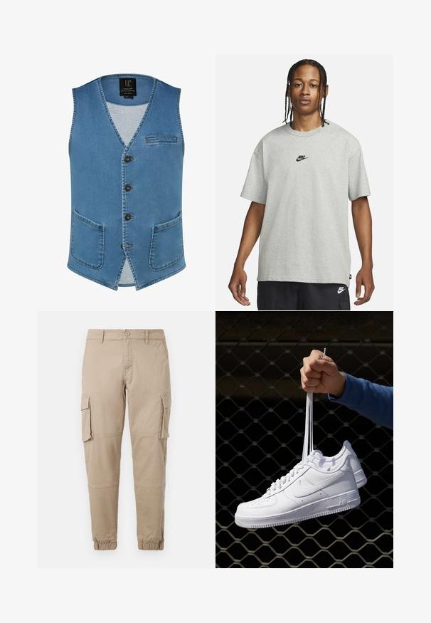 Denimweste in hellblau mit V-Ausschnitt, fünf Knöpfen, einer linken Brusttasche und zwei vorderen Taschen. Merkmale sichtbare Steppnähte.; Junge Person mit geflochtenem Haar, die ein hellgraues Nike-T-Shirt und schwarze Nike-Shorts trägt, vor einem einfarbigen weißen Hintergrund.; Beige Cargo-Hosen aus leichtem Baumwollmaterial. Mit elastischen Bündchen, mehreren Seitentaschen und einem Knopfverschluss.; Weiße Leder-Sneaker mit Perforationen, runder Zehenpartie, flacher Sohle und dicken Schnürsenkeln, mit sichtbar eingesticktem Swoosh-Logo und "AIR" an der Ferse.