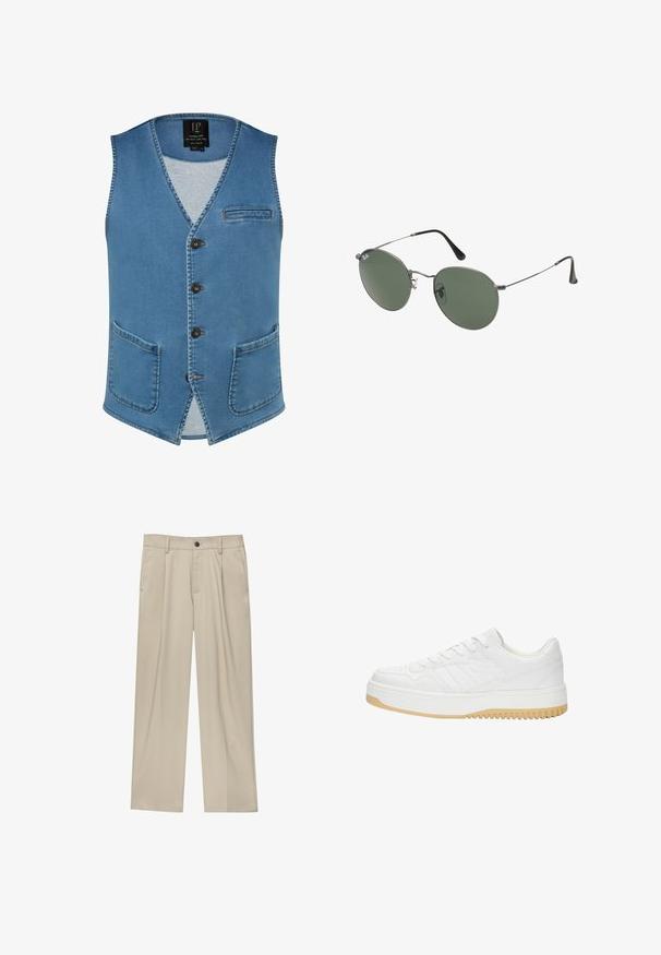 Denimweste in hellblau mit V-Ausschnitt, fünf Knöpfen, einer linken Brusttasche und zwei vorderen Taschen. Merkmale sichtbare Steppnähte.; Weißes Polohemd aus Baumwolle, mit klassischem Kragen, kurzen Ärmeln und einem kleinen dunkelblauen Logo auf der linken Brust. Zweiknopf-Leiste.; Beige Hosen mit geradem Schnitt, ausgestattet mit einem einzelnen schwarzen Knopf, Gürtelschlaufen und Seitentaschen. Glatte Stofftextur und minimalistisches Design.; Weiße Ledersneaker mit strukturiertem Finish, ausgestattet mit Gummisohle, Schnürdesign und dezenten Streifenakzenten an den Seiten.; Metallgestellte Sonnenbrille mit ovalen grünen Gläsern. Dünner silberner Metallrahmen und schwarze Ohrstücke. Minimalistisches Design, keine sichtbaren Logos.