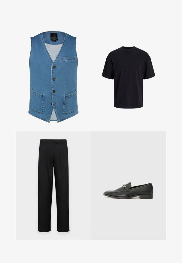 Leren spencer in lichtblauw met een V-hals, vijf knopen, een zak op de linkerkant van de borst en twee voorzakken. Bevat zichtbare stikselaccenten.; Zwarte katoenen t-shirt met een ronde halslijn, korte mouwen en een relaxte pasvorm. Glad textuur en geen zichtbare patronen of accenten.; Zwarte broeken van gladde stof, met een recht model, twee voorknikken en een standaard tailleband met riemlussen.; Zwarte leren instapper met een gladde afwerking, voorzien van een gestikt ontwerp en een decoratieve metalen kettingaccent over de wreef. Platte hak.