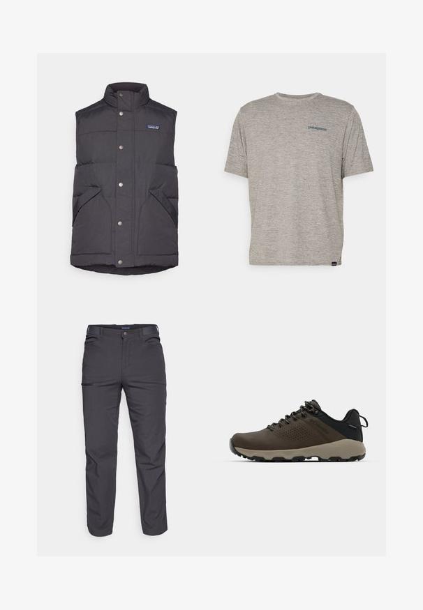 Colete puffer preto com colarinho alto, botões de pressão e bolsos laterais. Apresenta um padrão costurado e um pequeno logo no peito.; Camiseta cinza de manga curta feita de um tecido suave e texturizado, com um pequeno logo azul da Patagonia no lado esquerdo do peito. Sem padrões adicionais.; Calças cinza-escuras feitas de um tecido durável, com um bolso com fecho éclair, corte reto e passantes para cinto para um ajuste ajustável.; Ténis impermeáveis castanhos com um upper texturizado, detalhes perfurados, apoio para o calcanhar preto e uma sola de borracha cinza. Os atacadores têm extremidades metálicas.