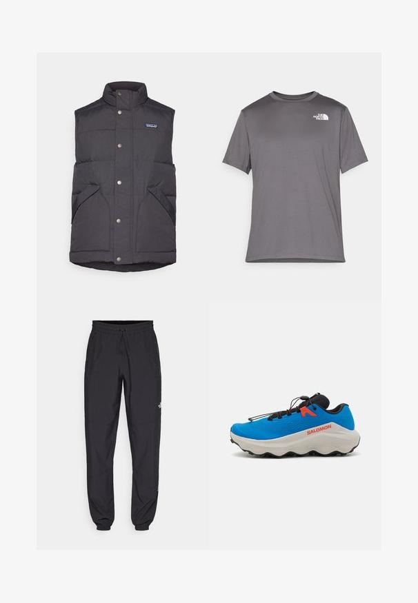 Črni puhasti jopič z visokim ovratnikom, zadrgo in stranskimi žepi. Ima šivano vzorčenje in majhen logotip na prsih.; Sivina športna majica s kratkimi rokavi, izdelana iz gladkega, lahkega materiala. Ima beli logo na levem prsnem predelu. Oblika okroglega ovratnika.; Črne atletske hlače iz lahkega materiala, ki imajo elastični pas z vezalko, stranske žepe in zožene manšete na gležnjih.; Modra športna obutev z teksturirano zgornjico, črnimi poudarki, oblazinjenim belim podplatom in nastavljivim vezalnim sistemom za varno prileganje.