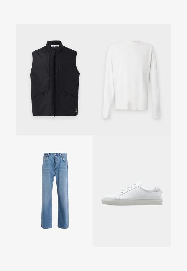 Schwarze ärmellose Weste aus leichtem, wasserabweisendem Material, mit hohem Kragen, Frontreißverschluss und schrägen Seitentaschen.; Langärmliges weißes Baumwollhemd mit rundem Ausschnitt, seitlichen Schlitzen am unteren Rand und glatter Textur, von hinten präsentiert.; Helle blaue Jeans im Geradeschnitt-Design, mit fünf Taschen, Knopfverschluss, minimaler Ausbleichung und kontrastierenden Nähdetails.; Weißer Sneaker mit glattem Lederobermaterial und niedrigem Profil. Verfügt über eine runde Zehenpartie, sechs Ösen und eine strukturierte Gummisohle.