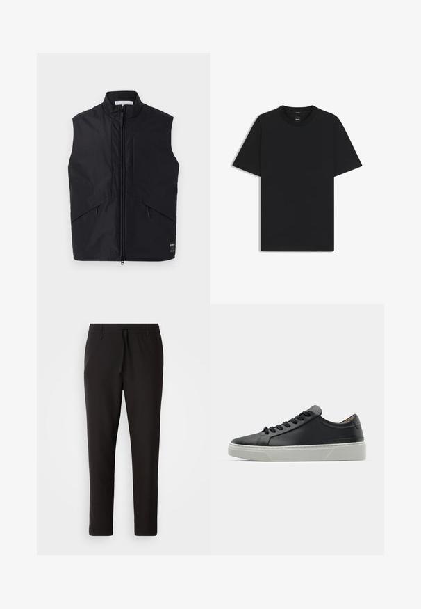 Schwarze ärmellose Weste aus leichtem, wasserabweisendem Material, mit hohem Kragen, Frontreißverschluss und schrägen Seitentaschen.; Schwarz T-Shirt mit kurzen Ärmeln aus einem glatten Baumwollmix, mit Rundhalsausschnitt und einem minimalistischen Design ohne Muster oder Akzente.; Schwarze Jogginghose aus glattem Stoff. Mit einem elastischen Bund und Kordelzug, schmal zulaufenden Beinen und ohne sichtbare Taschen. Einfaches Design.; Schwarze Ledersneaker mit glatter Textur, runder Zehenform und schwarzen Schnürsenkeln. Verfügt über eine dicke, weiße Gummisohle mit subtilen geometrischen Akzenten.