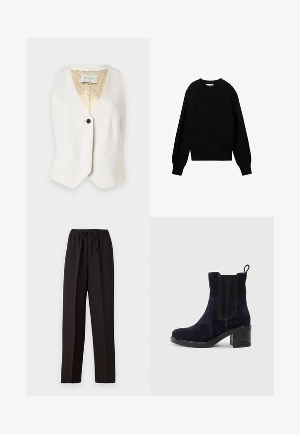 Copenhagen Muse TAILOR - Liivi - jet stream; Mustat neulepaita, jossa on pyöreä kaula-aukko, ribattu helma ja lasketut olkasaumat. Paita on valmistettu teksturoidusta kankaasta ja on hieman ylisuuri.; Mustat, leveät housut joustavalla vyötäröosalla ja säädettävällä nauhalla. Valmistettu sileästä, kevyestä kankaasta ilman näkyviä kuvioita.; Tummansininen mokkanahkasaapas nilkkapituisena, jossa on joustava sivupaneeli, pyöreä kärki ja lohkaremmäinen korko. Teksturoidun kankaan ja sileän pohjan kontrasti tuo lisää ilmettä.