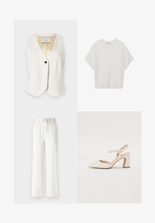 Copenhagen Muse TAILOR - Vesta - jet stream; Bílý krátký rukáv tričko s širokým kulatým výstřihem a texturovaným žebrovaným vzorem, vyrobené z měkké látky, s uvolněným střihem a čistým designem.; Bílé kalhoty s širokými nohavicemi vyrobené z měkké tkaniny, s elastickým pasem na šňůrku a hladkým povrchem. Žádné vzory ani dekorace nejsou viditelné.; Kopie s špičatou špičkou, krémové lodičky s blokovým podpatekem. Obsahuje tenký pásek kolem kotníku s kulatou sponou a hladkou koženou texturu.