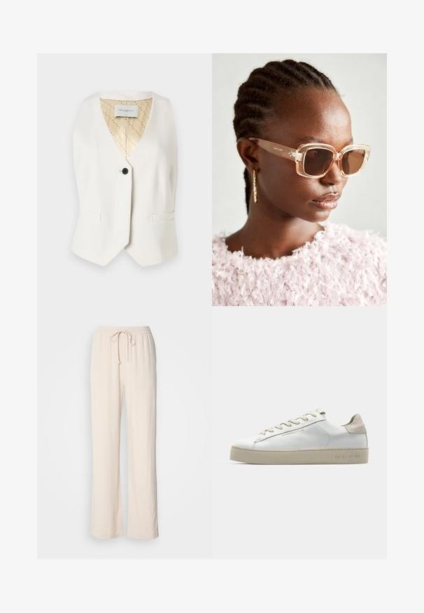Copenhagen Muse TAILOR - Brezrokavnik - jet stream; Bela bombažna majica brez rokavov z širokim izrezom in tankimi naramnicami. Gladka tekstura brez vidnih vzorcev ali okraskov.; Svetlo bež hlače, ohlapne, z elastičnim pasom in vrvico. Strukturno tkanino s stranskimi šivi in širokimi hlačnicami.; Bela usnjena športna obutev z gladko površino, bež semiš detajli, okroglo prst, ravna vezna zasnova in teksturiran gumijast podplat.; Bežna oversized sončna očala s prozornim okvirjem in rjavimi lečami, ki imajo subtilne cvetlične poudarke in drzen, geometrijski dizajn.