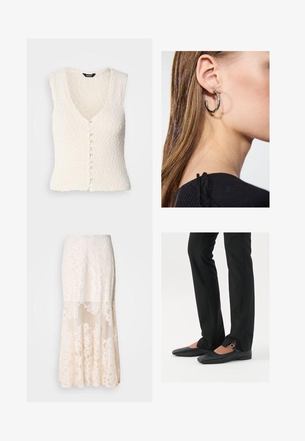 Gilet en tricot sans manches blanc avec un col en V et un tissu texturé. Il présente une fermeture à bouton avec des boutons ronds de couleur claire.; Débardeur noir en tissu doux et extensible. Il dispose d'un col rond et de larges bretelles, avec une silhouette ajustée et une texture lisse.; Jupe midi en dentelle florale couleur crème ; elle présente un design superposé avec des sections transparentes, de la dentelle texturée, et un ourlet évasé.; Ballerines en cuir noire avec un bout pointu, sangle avec boucle en argent, associées à un pantalon noir sur mesure avec un ourlet fendu.; Boucle d'oreille en argent avec une finition polie, présentant de petits détails en or et de forme ronde, portée sur le lobe.