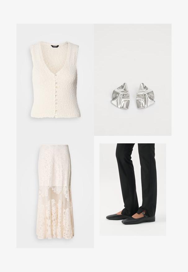 Weißer ärmelloser Strickpullover mit V-Ausschnitt und strukturiertem Stoff. Mit einer Knopfleiste mit runden, hellen Knöpfen.; Schwarzes Tanktop aus weichem, dehnbarem Stoff. Mit Rundhalsausschnitt und breiten Trägern, tailliert geschnitten und mit glatter Oberfläche.; Blumige Spitzen-Midi-Rock in Creme; verfügt über ein geschichtetes Design mit transparenten Abschnitten, strukturierter Spitze und einem ausgestellten Saum.; Schwarze Leder-Ballerinas mit spitzer Zehenpartie, Riemchen mit silberner Schnalle, kombiniert mit schwarzen taillierten Hosen mit Schlitzsaum.; Silberne Metallohrringe mit einem wellenförmigen, skulpturalen Design, das eine polierte Oberfläche und unregelmäßige Formen aufweist, die eine zeitgenössische Ästhetik betonen.