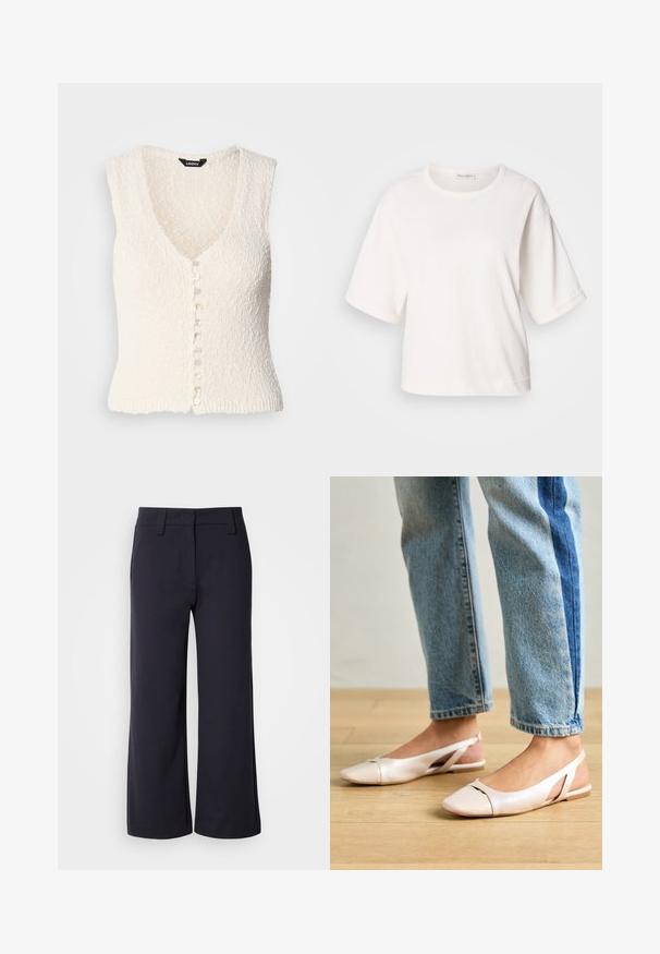 Balta be rankovių megzta liemenė su V formos iškirpte ir tekstūruota medžiaga. Pirmoje pusėje yra mygtukų užsegimas su apvaliais, šviesių spalvų mygtukais.; Balta medvilnės marškinėliai su laisvu siluetu, trumpomis rankovėmis su užlenkimais, apvaliu iškirpimu ir lygiu paviršiumi. Paprastas, minimalistiškas dizainas.; Plati kelnės tamsiai mėlynos spalvos audinio. Yra lygus priekinis dizainas, dirželių kilpelės ir šoninės kišenės. Medžiaga yra lygi su lengvu elastingumu.; Šviesiai rožiniai slingback baleto bateliai su smailiu pirštu, pagaminti iš lygios odai panašios medžiagos. Yra išpjovimų detalės šonuose ir plokščias kulnas.