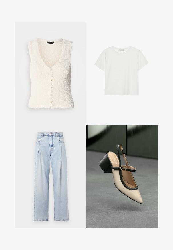 Gilet en tricot sans manches blanc avec un col en V et un tissu texturé. Il présente une fermeture à bouton avec des boutons ronds de couleur claire.; T-shirt blanc à manches courtes en coton doux. Présente un col rond et une coupe décontractée. Design épuré sans motifs ni accents visibles.; Jeans en denim bleu clair avec taille haute, coupe large, deux poches latérales et design plissé. Texture douce avec une finition décolorée.; Escarpin beige à bout pointu et bride arrière, avec des finitions noires, une boucle dorée et un talon bloc épais, posé sur un sol gris avec un fond vert foncé.
