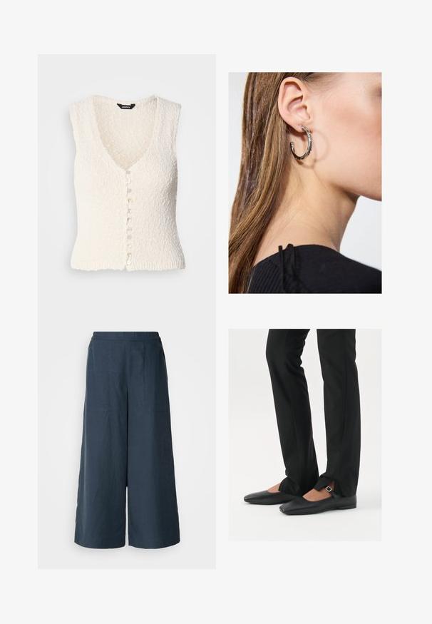 White sleeveless knit vest with a V-neck and textured fabric. Features a button front with round, light-colored buttons.; White cotton tank top with a wide neckline and thin shoulder straps. Smooth texture with no visible patterns or embellishments.; Wide-leg trousers in navy blue, made from lightweight fabric. Features a slightly textured surface, elastic waistband, and front seams.; Black leather ballet flats with a pointed toe, strap with silver buckle, paired with black tailored pants featuring a slit hem.; Silver hoop earring with a polished finish, featuring small gold accent details and a round shape, worn on the lobe.
