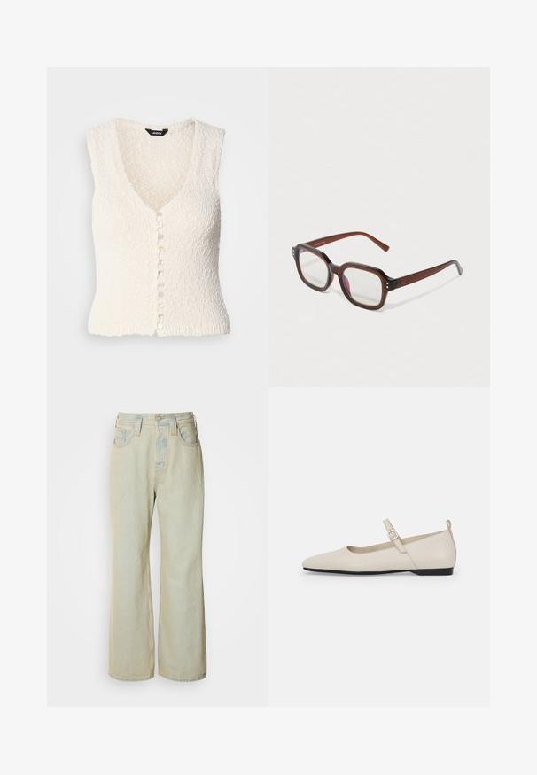 Balta bez piedurknēm adīta veste ar V-veida kakla izgriezumu un teksturētu audumu. Ar pogu priekšpusi, izmantojot apaļas, gaišas pogas.; Balta kokvilnas topiņa ar platu kakla izgriezumu un plānām plecu lencēm. Gluda tekstūra bez redzamām apdrukām vai rotājumiem.; Gaiši zili platā kāja džinsi, kas izgatavoti no denima, ar augstu jostasvietu, piecām kabatām un maigu izbalēšanu ar kontrastējošām šuvēm.; Baltās ādas Mary Jane kurpes ar smailu purngalu, sānu sprādzi un zemu melnu papēdi. Gluda tekstūra un minimālisma dizains.; Brūni caurspīdīgi taisnstūrveida briļļu rāmis ar caurspīdīgiem lēcām, ar vieglu violetu atspulgu un maziem zeltītu dekoriem priekšējās stūrītēs.; Sudraba auskars ar pulētu apdari, ar maziem zelta akcentiem un apaļu formu, uz ausu ļipiņas.
