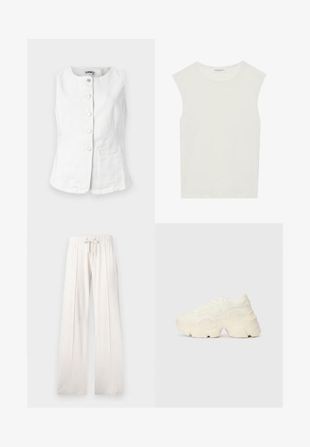 Canotta bianca senza maniche in cotone, con scollatura tonda, sei bottoni argentati sul davanti e due tasche laterali.; Top bianco senza maniche con scollatura rotonda. Realizzato in tessuto liscio, presenta una vestibilità rilassata e un design minimalista. Nessun motivo o accentuazione.; Pantaloni della tuta beige chiaro realizzati in tessuto morbido, con vita regolabile, gambe larghe e cuciture verticali, dal fondo liscio.; Sneakers bianchi chunky realizzati in mesh testurizzato e materiali sintetici, dotati di una suola spessa e dettagli con motivi intricati lungo i lati.