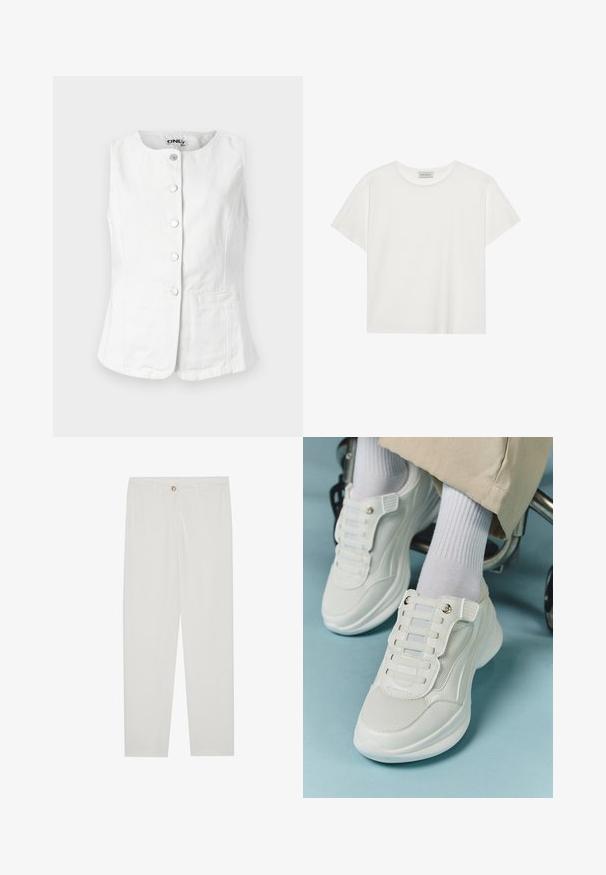 White sleeveless vest made of cotton, featuring a rounded neckline, six silver buttons down the front, and two side pockets.; White short-sleeve T-shirt made of soft cotton. Features a round neckline and relaxed fit. Clean design with no visible patterns or accents.; White, tailored trousers with a straight leg design, featuring a button closure, belt loops, and side pockets; smooth fabric texture.; White sneakers featuring a mesh material, rubber sole, lace-free design with elastic bands, and gold-toned accents.