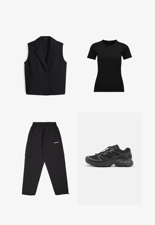 Schwarze ärmellose Weste mit Reverskragen, die zwei vordere Taschen und zwei Knopfverschlüsse auf der Vorderseite hat. Hergestellt aus einem glatten Stoff.; Schwarzes, geripptes T-Shirt mit kurzen Ärmeln und rundem Ausschnitt. Der Stoff ist glatt und dehnbar und sorgt für eine taillierte Silhouette.; Pegador YURI TRACKSUIT PANTS - Jogginghose - black; Schwarzer Laufschuh mit Obermaterial aus Mesh und Synthetik, flexibler Sohle und elastischen Schnürsenkeln. Verfügt über eine gepolsterte Zwischensohle für zusätzlichen Komfort.