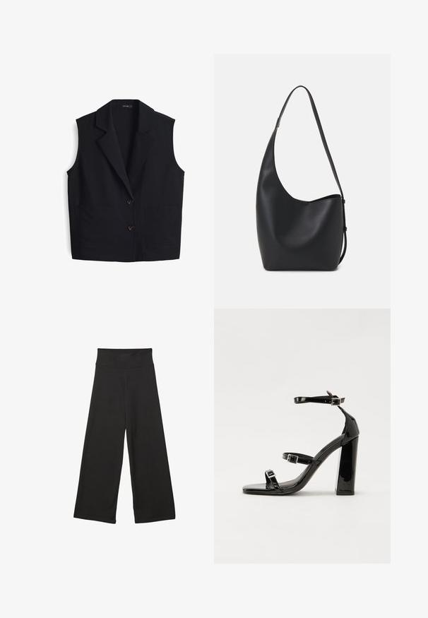 Schwarze ärmellose Weste mit Reverskragen, die zwei vordere Taschen und zwei Knopfverschlüsse auf der Vorderseite hat. Hergestellt aus einem glatten Stoff.; Braunes, kurzärmliges T-Shirt aus weichem Material mit rundem Halsausschnitt und lockerer Passform. Keine sichtbaren Muster oder Akzente.; Schwarze weit geschnittene Hosen mit einem hohen elastischen Bund, weichem Stoff und lockerer Passform, geeignet für legere Anlässe oder entspannte Umgebungen.; Schwarze patentierte Sandalen mit Absatz, quadratischer Spitze, Knöchelriemen und silbernen Schnallen. Mit einem stabilen Blockabsatz für mehr Stabilität.; Schwarze Leder-Hobo-Tasche mit einer glatten Textur, geschwungener Form und einem einzelnen verstellbaren Tragegurt; verfügt über eine weite Öffnung am oberen Ende.