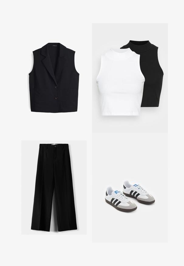 Schwarze ärmellose Weste mit Reverskragen, die zwei vordere Taschen und zwei Knopfverschlüsse auf der Vorderseite hat. Hergestellt aus einem glatten Stoff.; Zwei ärmellose, gerippte Rollkragenoberteile in Schwarz und Weiß, mit einer figurbetonten Passform und glatter Textur sowie einer cropped Länge.; Schwarze weite Hosen aus leichtem Stoff, mit einem Knopfverschluss vorne und flachem Bund, mit sorgfältig genähten Säumen.; Sportschuhe mit einem Obermaterial aus weißem Leder, grauer Wildleder-Zehenkappe und drei schwarzen Streifen. Sie verfügen über ein blaues Logo auf der Zunge und eine strukturierte Gummisohle.