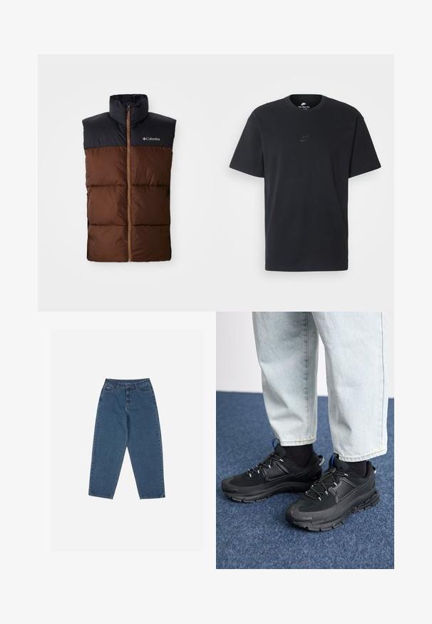 Brauner Steppweste mit hohem Kragen, dunkelblauem Schulterbereich, durchgehendem Reißverschluss und gestepptem Muster über den Körper. Columbia-Logo vorhanden.; Schwarzes Baumwoll-T-Shirt von Nike mit klassischem Rundhalsausschnitt, kurzen Ärmeln und einem dezenten, geprägten Logo auf der Brust. Glatte Textur.; Blaue Jeans aus Denim mit entspannter Passform, hoher Taille, Fünf-Taschen-Design und gesteppter Akzente. Mit einem Knopf- und Reißverschluss ausgestattet.; Schwarze Sportschuhe aus strukturiertem Stoff mit Gummisohlen, ausgestattet mit elastischen Schnürsenkeln und einem blauen Akzent an der Ferse. Getragen mit hellen Jeans.