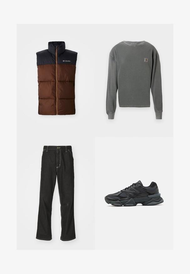 Brauner Steppweste mit hohem Kragen, dunkelblauem Schulterbereich, durchgehendem Reißverschluss und gestepptem Muster über den Körper. Columbia-Logo vorhanden.; Grauer Langarm-Sweatshirt mit Rundhalsausschnitt und gerippter Textur, ausgestattet mit einem kleinen quadratischen Logopatch auf der linken Brust und gerippten Bündchen.; Schwarze Denim-Jeans mit lockerer Passform, kontrastierenden weißen Nähten, einem Knopfverschluss und geradem Bein.; Schwarzer Laufschuh mit einer Mischung aus Mesh- und sinthetischen Materialien, dicke Sohle, geschwungenes Design und auffälliger Markenkennzeichnung an der Seite.