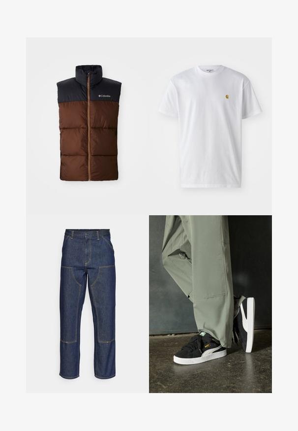 Brown puffer vest with a high collar, dark blue shoulder section, zip front closure, and quilted texture across the body. Columbia logo present.; White cotton t-shirt with short sleeves, crew neck, featuring a small gold logo on the left chest area. Soft texture and regular fit.; Dark blue denim jeans with a high waist, straight leg design, contrasting stitching, and patch pockets on the front.; Black suede sneakers with white rubber soles and side stripes, paired with light green cargo pants, standing on a textured dark surface.