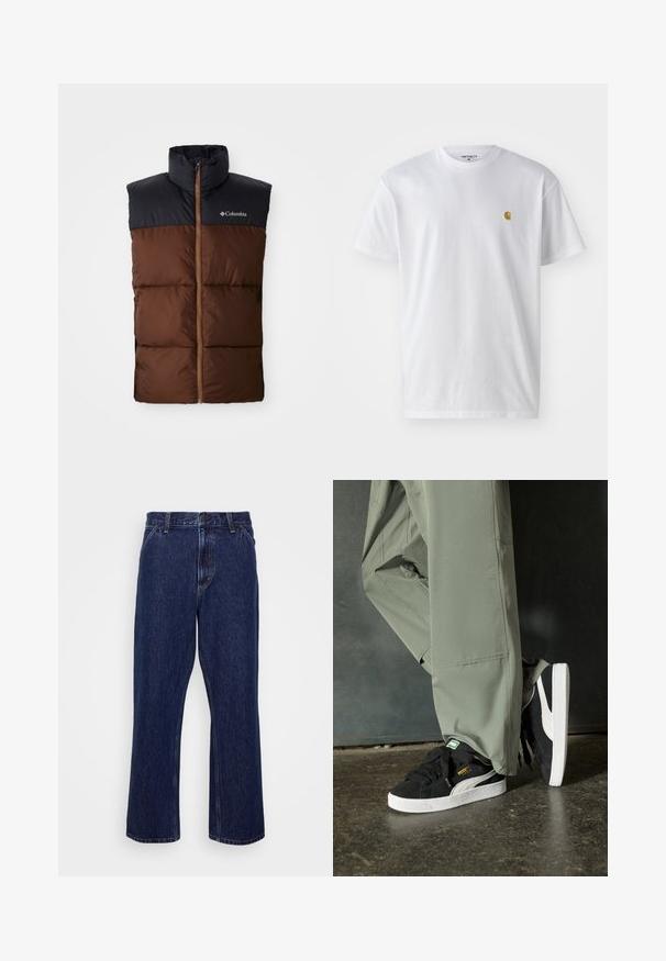 Hnedá páperová vesta s vysokým golierom, tmavomodrou časťou na pleciach, predným zipsom a prešívanou textúrou po celom tele. Prítomné logo Columbia.; Biele bavlnené tričko s krátkymi rukávmi, okrúhlym výstrihom, s malým zlatým logom na ľavej strane hrude. Mäkká textúra a normálny strih.; Tmavomodré denimové nohavice s rovnými nohavicami, s gombíkovým zapínaním, piatimi vreckami a jemnými detailmi prešitia.; Čierne semišové tenisky s bielymi gumovými podrážkami a postrannými prúžkami, v kombinácii s svetlozelenými cargo nohavicami, stojace na textúrovanom tmavom povrchu.