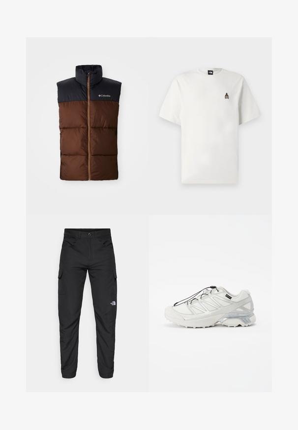 Smeđi puffer prsluk s visokim ovratnikom, tamnoplavi dio na ramenima, zatvaranje na zip, i kviltana tekstura na tijelu. Prisutni logo Columbia.; Bijela pamučna majica s malim, izvezenim grafičkim prikazom boce na lijevoj strani prsnog koša. Klasičan okrugli izrez i kratki rukavi.; The North Face HORIZON PANT - Hlače za otvoreno - black; Bijela atletska cipela s teksturiranim mrežastim gornjim dijelom, reflektirajućim detaljima i udobnim potplatom. Ima elastične vezice i sivo istaknute dijelove.