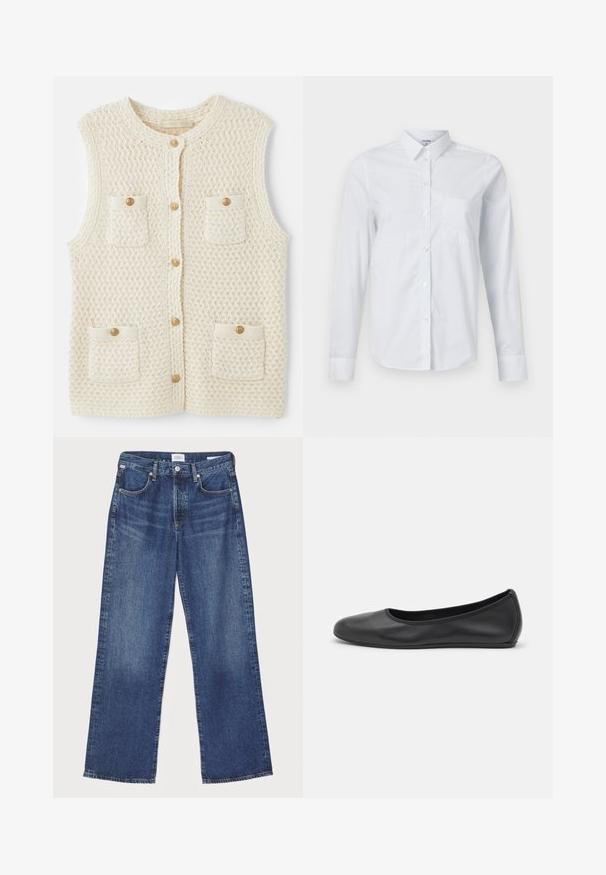 Vanessa Bruno ELISABETH - Veste sans manches - ecru; Chemise blanche à manches longues en coton. Dotée d'un devant à boutons, d'un col pointu et d'une poche poitrine du côté gauche.; Citizens of Humanity ANNINA - Jean droit - westwood dark indigo; Ballerines en cuir noir avec un bout rond, texture lisse, détails de couture minimalistes et design de semelle flexible.