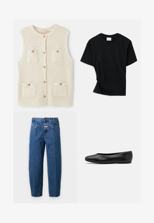 Vanessa Bruno ELISABETH - Veste sans manches - ecru; T-shirt noir en coton doux, doté d'un col rond, de manches courtes et d'un design légèrement torsadé pour une coupe décontractée.; Jean en denim bleu foncé, avec une coupe décontractée, un design à cinq poches, des coutures surpiquées et une fermeture à bouton à la taille.; Paul Smith TOPANGA - Ballerines - black