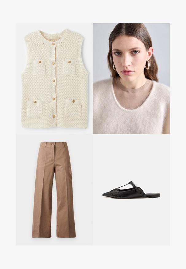 Vanessa Bruno ELISABETH - Vest - ecru; Hvid cropped langærmet skjorte lavet af bomuld. Har en knaplukning foran, en brystlomme og et lille sort logo nederst til venstre.; Brune bredde bukser lavet af et glat stof, med en frontknaplukning, to frontlommer og rene, skræddersyede linjer.; Sort læderslyngeback sko med spids tå, der har en vævet detalje og en plisseret overdel. Flad sål med minimal hardware.; Lys beige striktrøje med en fuzzy struktur og bred halsudskæring, lagd over en tætsiddende brun skjorte. Modellen bærer sølvfarvede hoops.