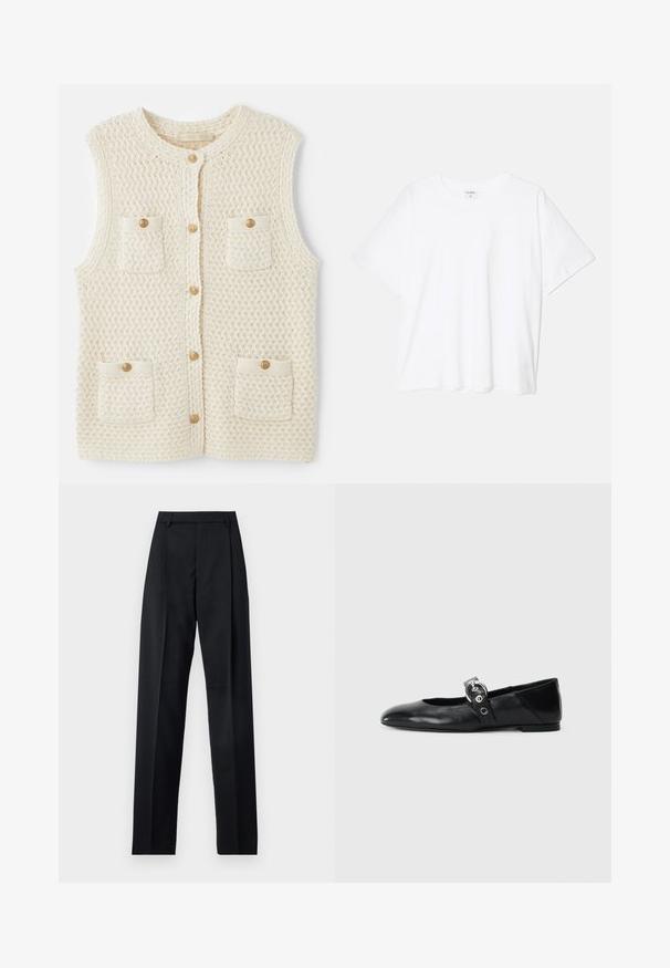 Vanessa Bruno ELISABETH - Waistcoat - ecru; White cotton t-shirt with short sleeves, round neckline, relaxed fit, and stitched hem. Label visible on the inside neck.; Black trousers made from smooth fabric featuring a high waist, wide legs, front pleats, and classic belt loops. No side pockets visible.; Black leather ballet flats with a pointed toe, featuring a strap with a circular metallic buckle and a flat sole.