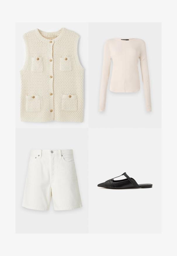 Vanessa Bruno ELISABETH mleczny; Długi rękaw, jasnobeżowa bluzka z okrągłym dekoltem. Wykonana z miękkiego materiału, posiada centralny szew oraz lekko zaokrąglony dół. Brak widocznych elementów metalowych.; Białe dżinsowe szorty o prostym kroju, z pięcioma kieszeniami, z przodu zapinane na guzik, z metalowym wykończeniem i przeszyciami.; Czarny skórzany but na odkrytej pięcie z pointed toe, ozdobiony plecionym akcentem i plisowanym wzorem górnej części. Płaska podeszwa z minimalnymi elementami.