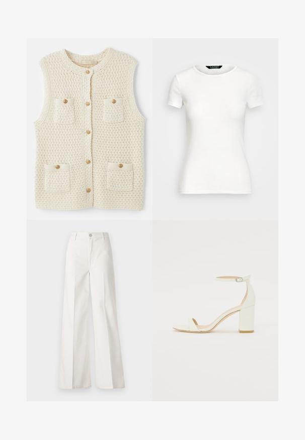 Vanessa Bruno ELISABETH - Waistcoat - ecru; White cotton T-shirt with short sleeves, round neck, fitted design, and smooth texture. Logo tag at neckline.; White wide-leg trousers made from cotton with a smooth texture. Features a front button, zipper fly, and four-pocket design.; White leather block-heel sandal featuring an ankle strap with a buckle and minimalist design. Open toe and smooth textures throughout.