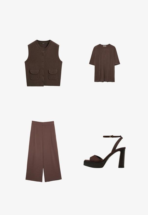 Braun gestrickte Weste mit Rundhalsausschnitt, vorderen Knöpfen und zwei Vordertaschen. Texturiertes Gewebe mit geripptem Saum und Taschenkanten.; Braunes kurzärmeliges T-Shirt aus weichem Stoff, mit Rundhalsausschnitt und lockerer Passform. Glatte Textur ohne Muster oder Akzente.; Braune Weite-Leg-Hosen mit einer glatten Textur, hoher Taille und Vorderfalten. Der Stoff ist leicht und fällt locker.; Braune Wildleder-Pumps mit offenem Zeh, verstellbarem Knöchelriemen und gestreiftem Plateausohlen.